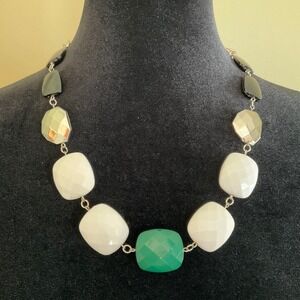 Geometric Faceted Statement Necklace Green White Black Silver Tone Chunky Chain